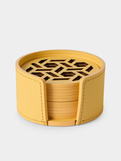 RUDI - | Set of 12 | Acquerello Leather Coasters with Holder - Yellow - ABASK - 