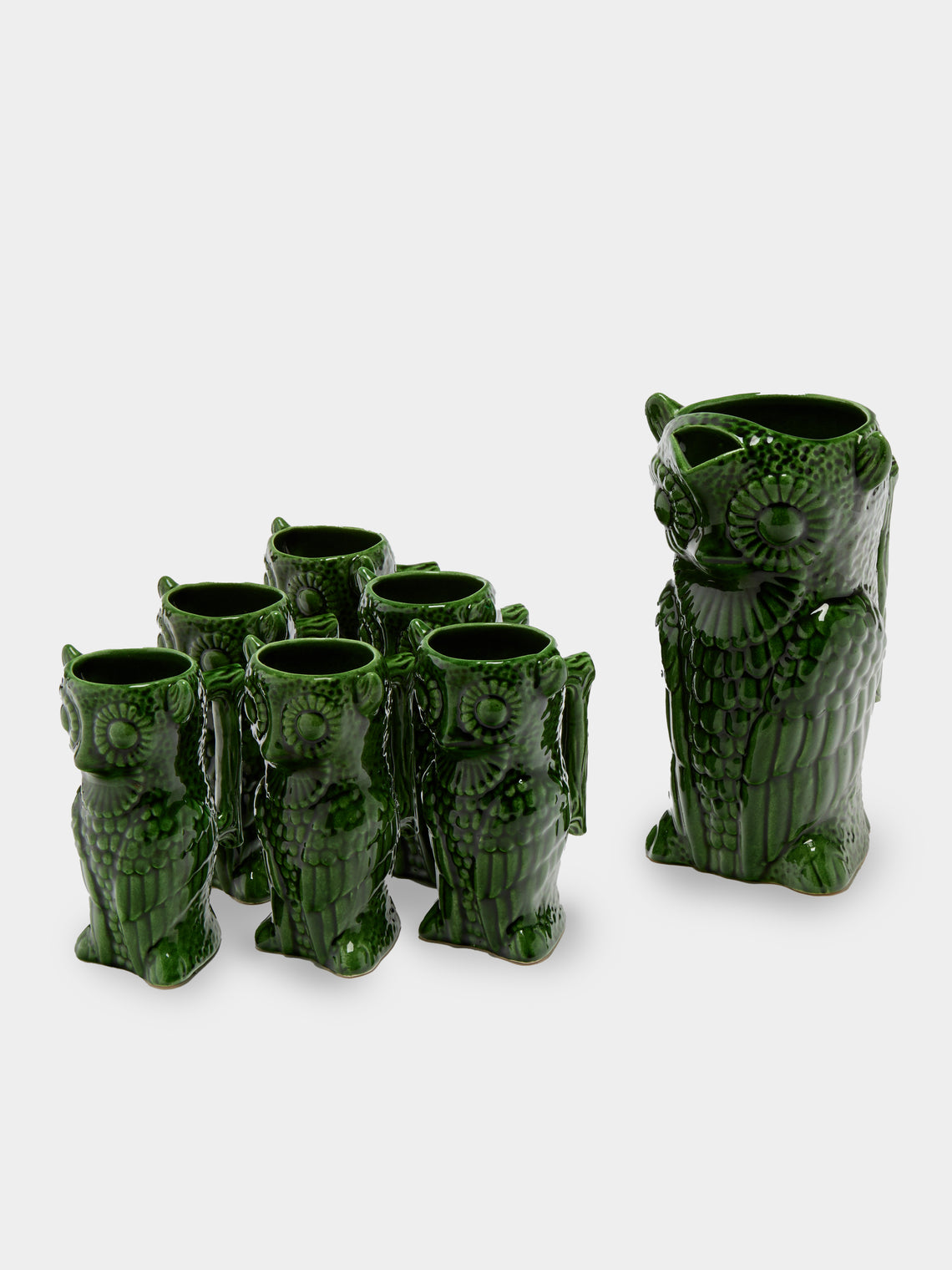 Antique and Vintage - Mid-Century Owls Ceramic Jug with Mugs (Set of 7) - Green - ABASK - 