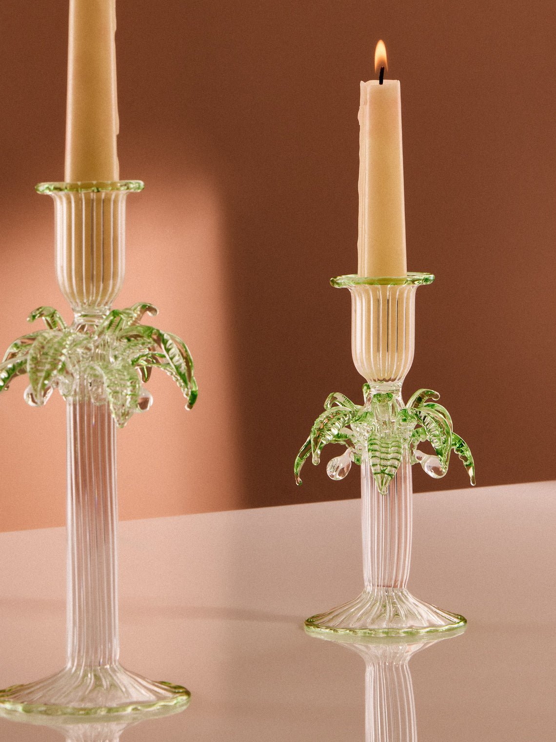 Alya Tannous - | Set of 2 | Palm Tree Hand-Blown Glass Candlesticks - Green - ABASK