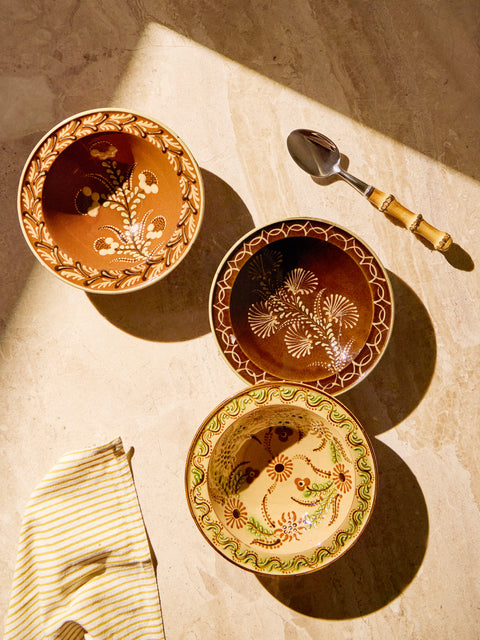 Poterie d’Évires - Flowers Hand-Painted Ceramic Breakfast Bowls (Set of 3) - Brown - ABASK