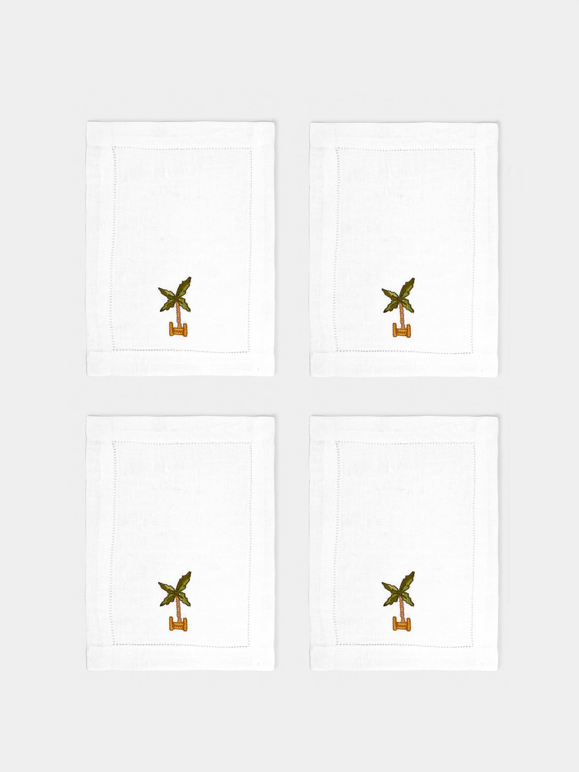 Loretta Caponi - Palm Tree Hand-Embroidered Linen Cocktail Napkins (Set of 6) - White - ABASK