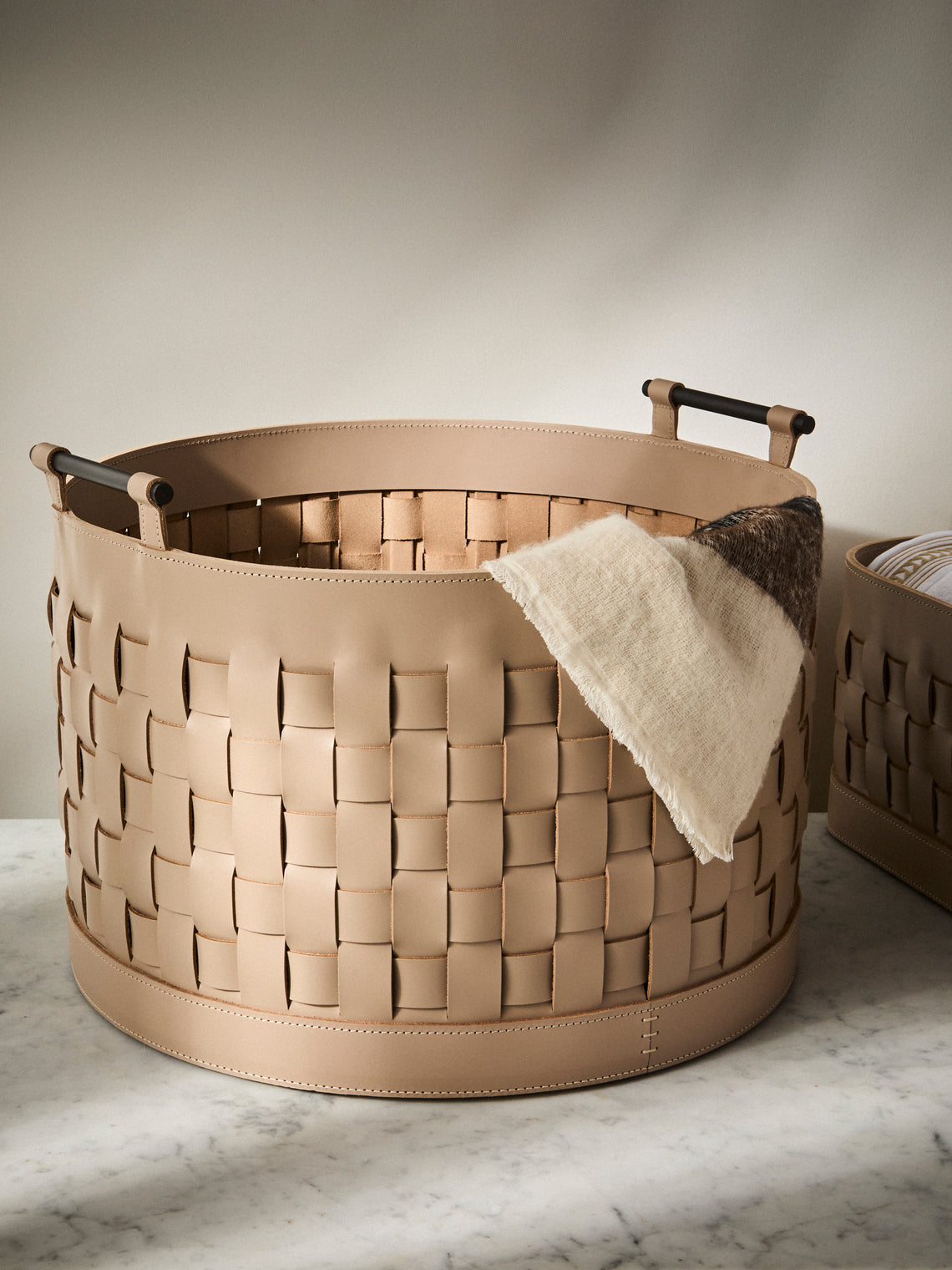 Rabitti 1969 - Ravenna Leather Round Tall Basket - Cream - ABASK