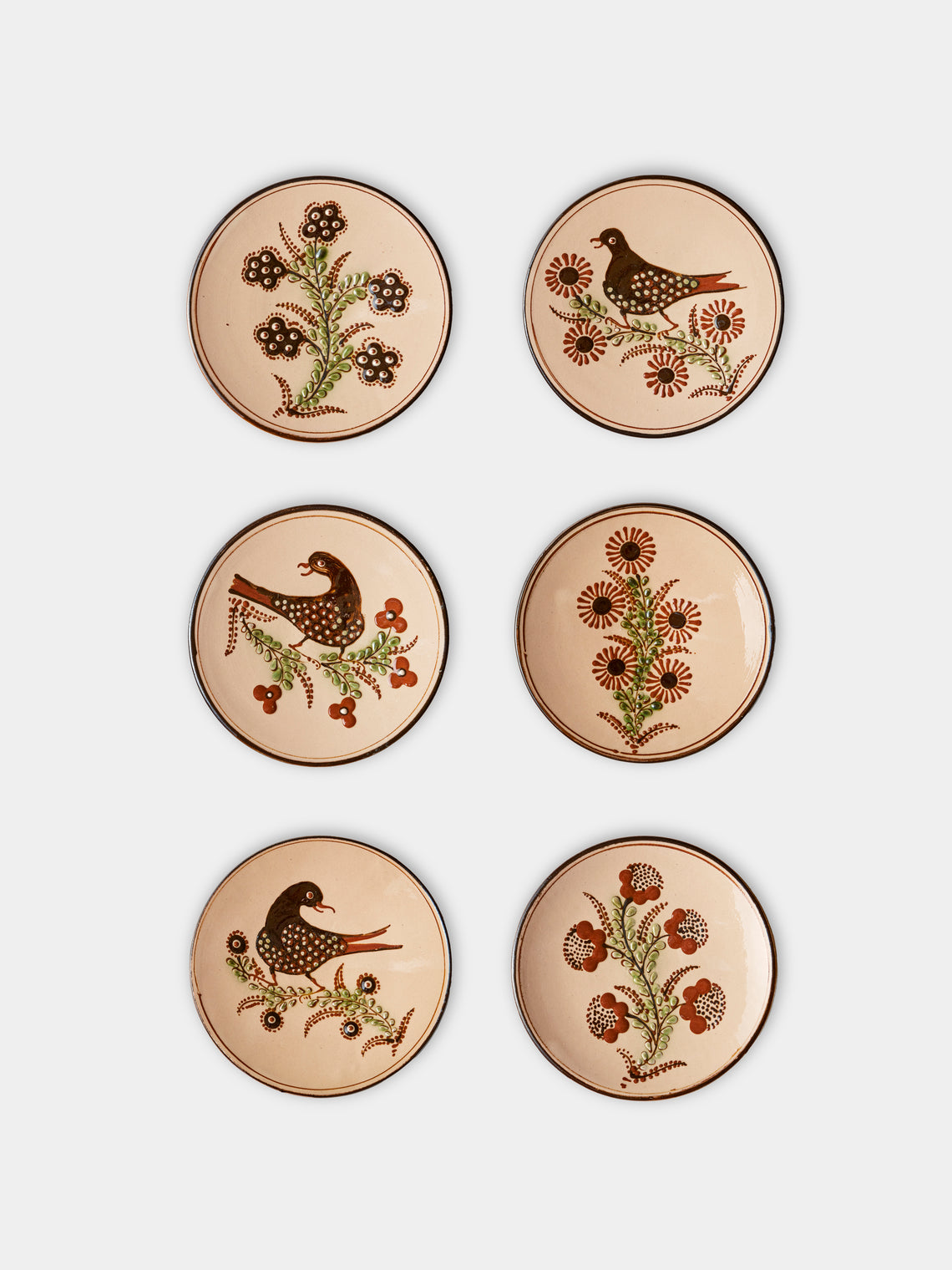 Poterie d’Évires - Flowers and Birds Hand-Painted Ceramic Small Raised Plates (Set of 6) - Cream - ABASK