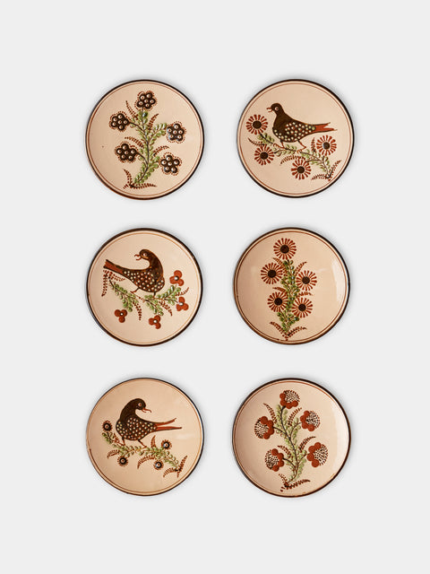 Poterie d’Évires - Flowers and Birds Hand-Painted Ceramic Small Raised Plates (Set of 6) - Cream - ABASK