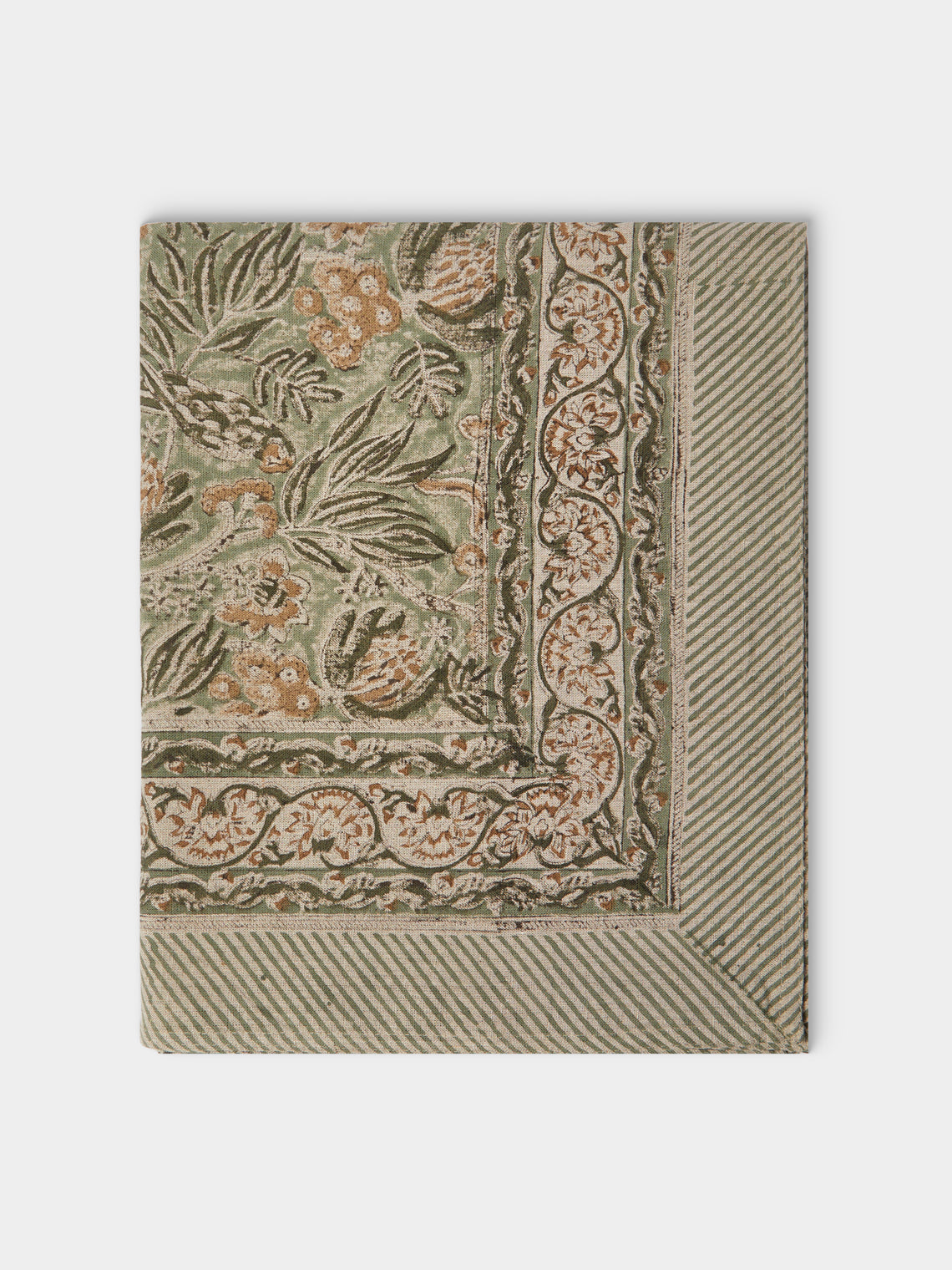 Chamois - Parrot Block-Printed Linen Rectangular Tablecloth (106.5in/2.7m) - Multiple - ABASK - 
