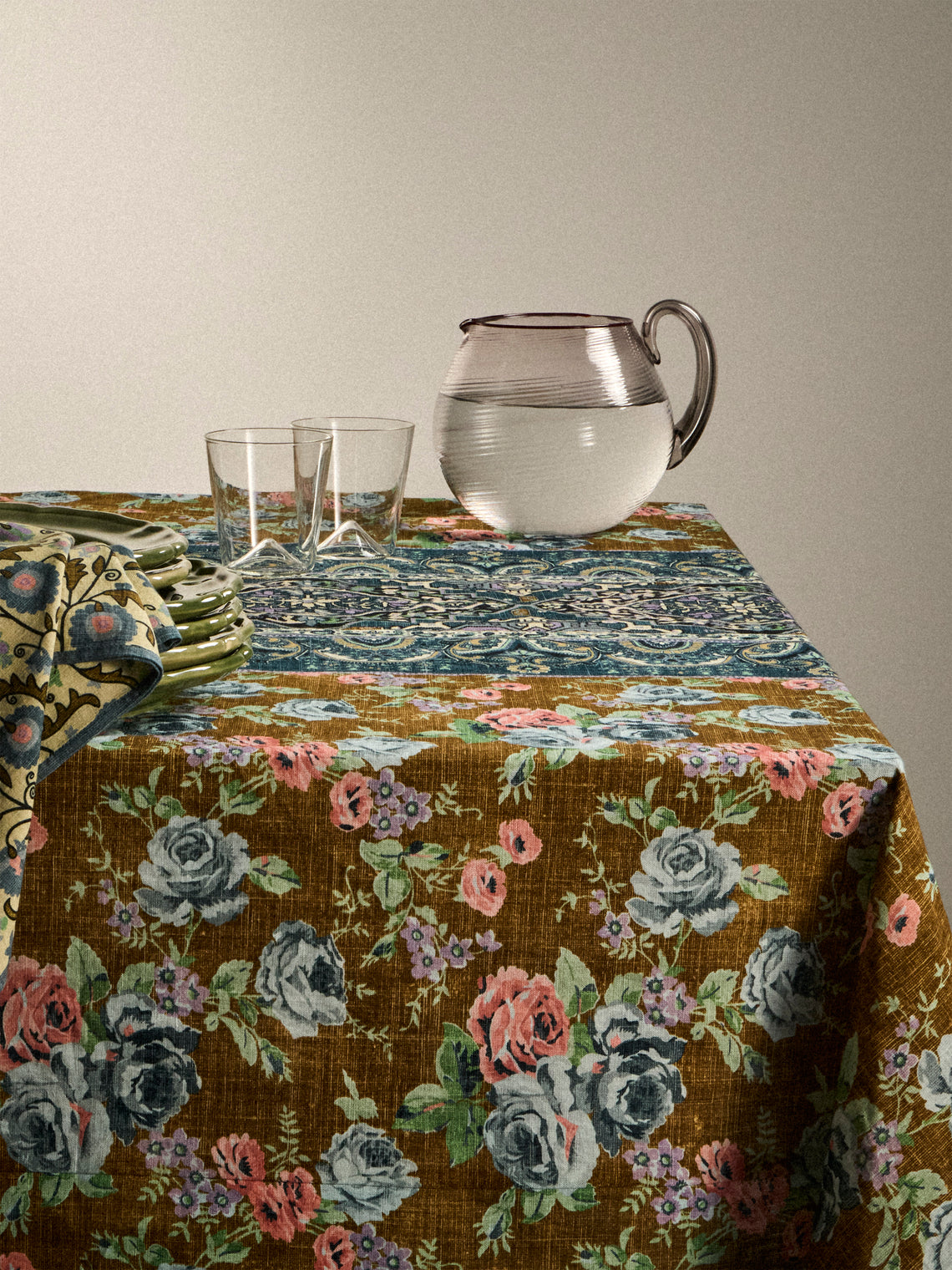 D'Ascoli - Marley Printed Linen Rectangular Tablecloth (138in/3.5m) - Multiple - ABASK
