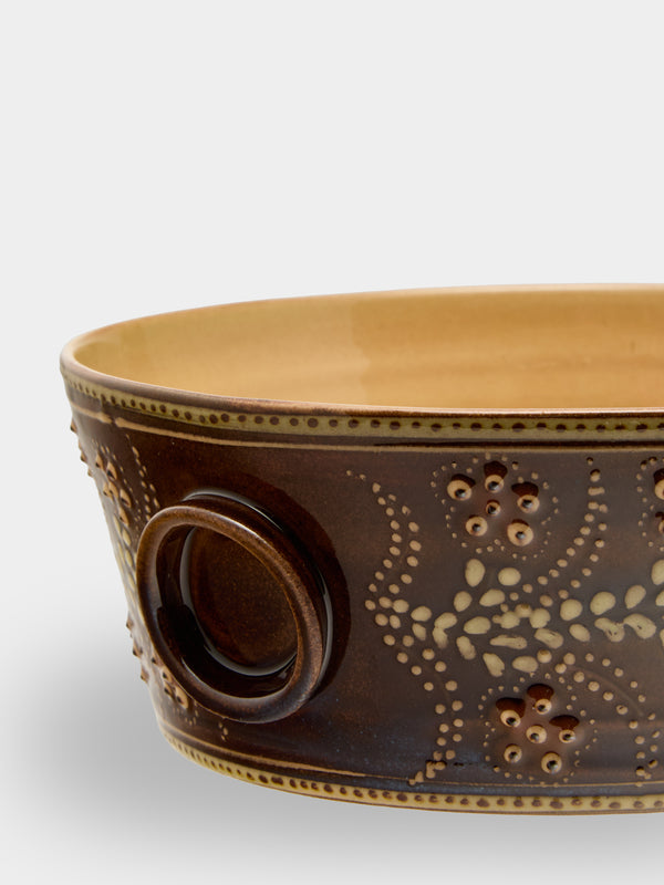 Poterie d’Évires - Flowers Hand-Painted Ceramic Small Handled Serving Bowl - Dark brown - ABASK