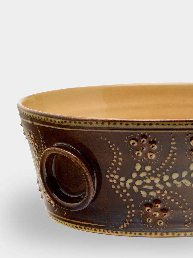 Poterie d’Évires - Flowers Hand-Painted Ceramic Small Handled Serving Bowl - Dark brown - ABASK