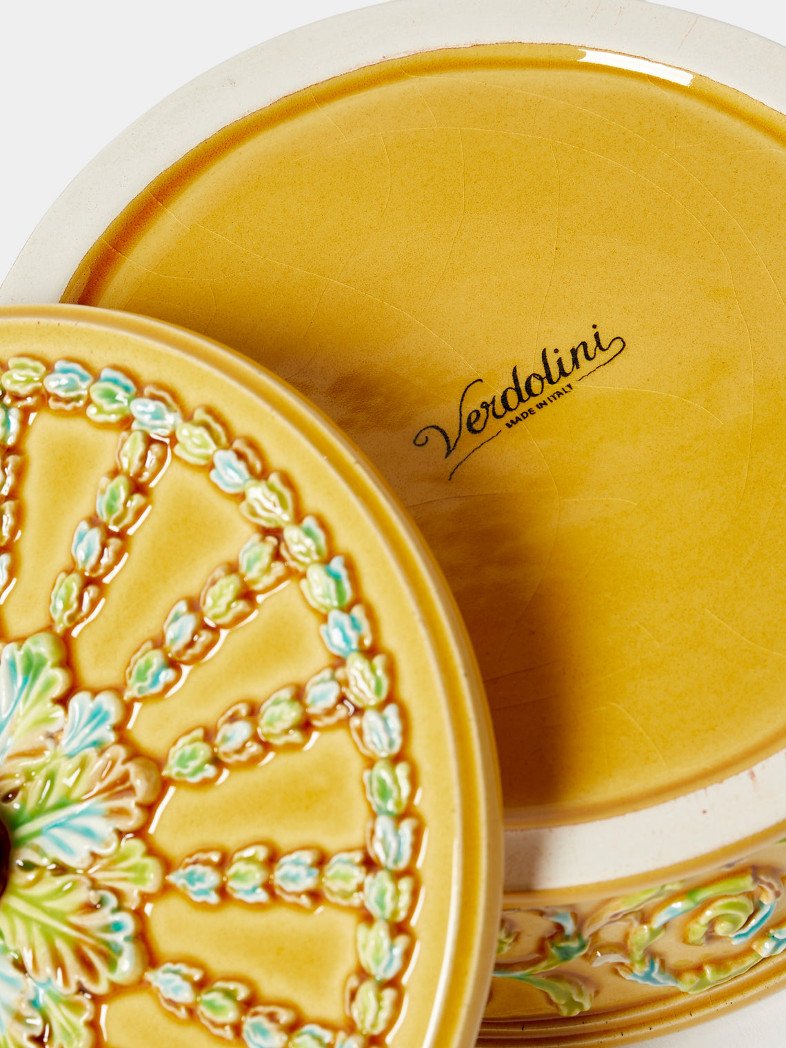 Verdolini - Foliage Hand-Painted Majolica Ceramic Bonbonnière - Yellow - ABASK