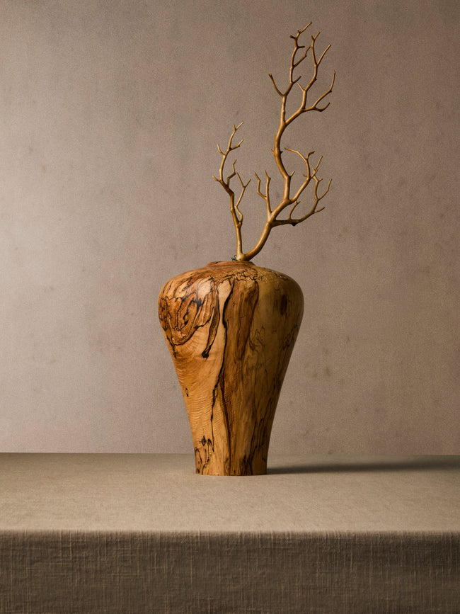 Iida Woodturning - Hand-Turned Oil-Finish Spalted Maple Vase (9in/23.5cm) - Brown - ABASK