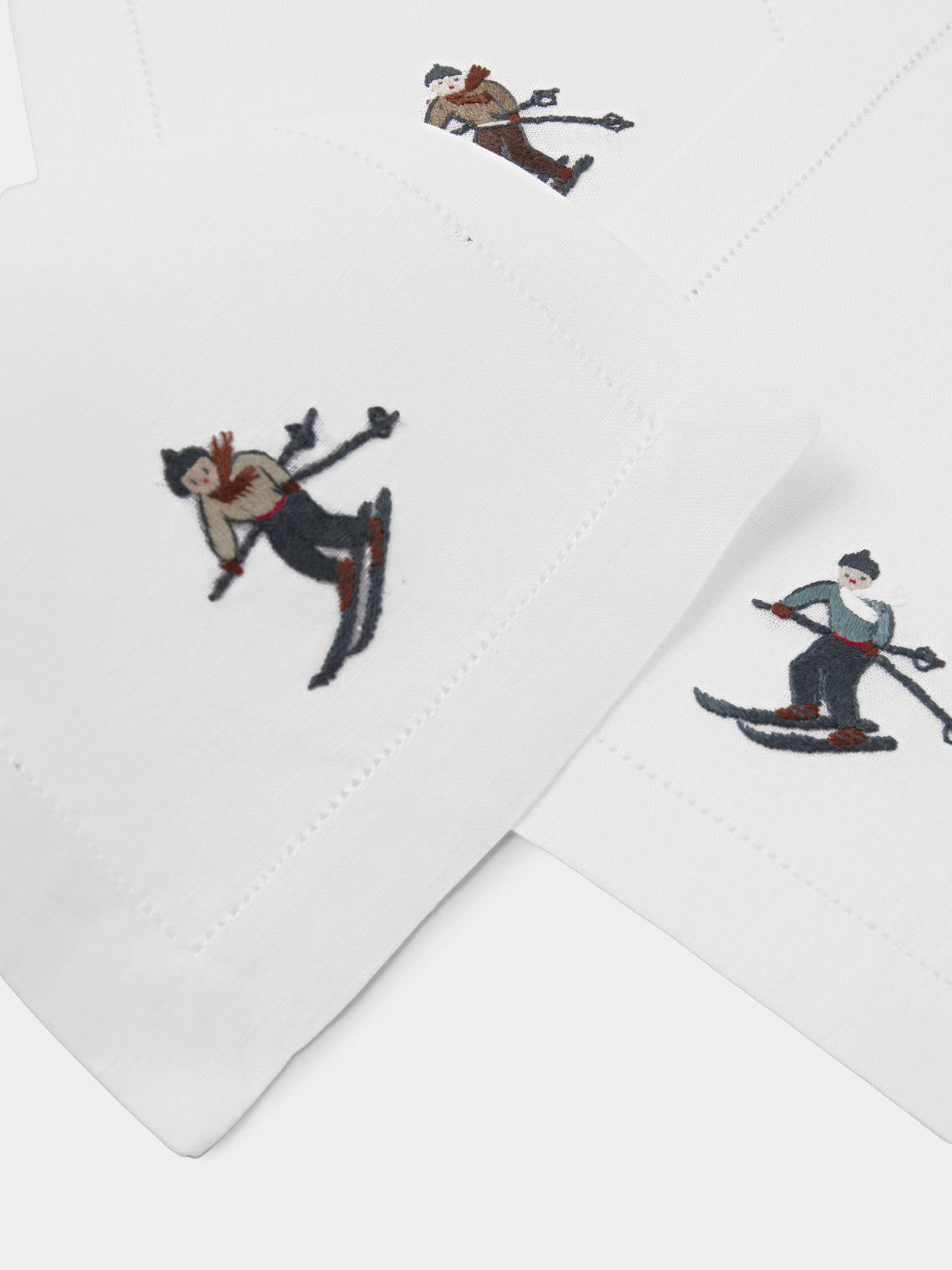 ERI Textiles - | Set of 6 | Skiers Hand-Embroidered Linen Cocktail Napkins - White - ABASK