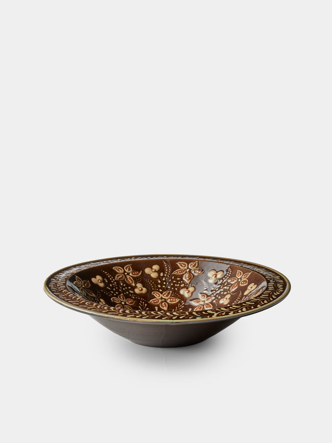 Poterie d’Évires - Flowers Hand-Painted Ceramic Serving Bowl - Dark brown - ABASK - 