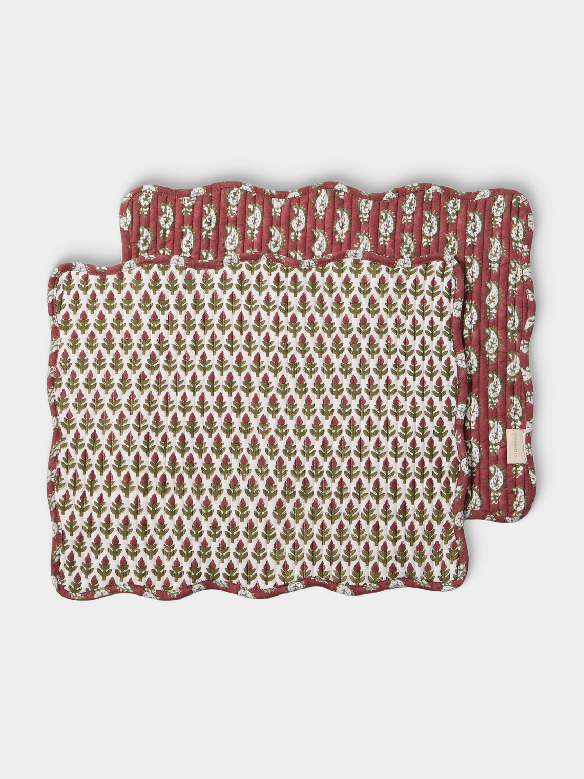 Chamois - Diamond & Fan Block-Printed Cotton Placemats (Set of 4) - Red - ABASK