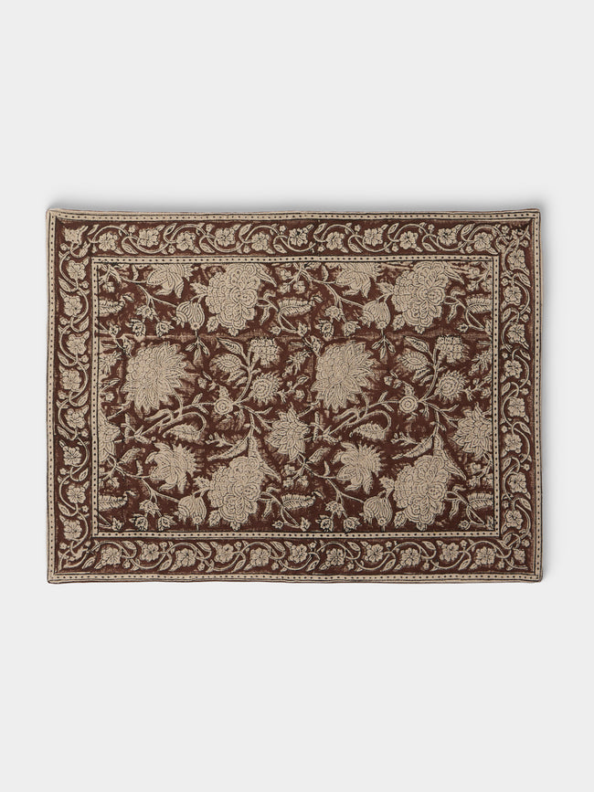 Chamois - Indian Rose Block-Printed Linen Placemats (Set of 4) - Brown - ABASK - 