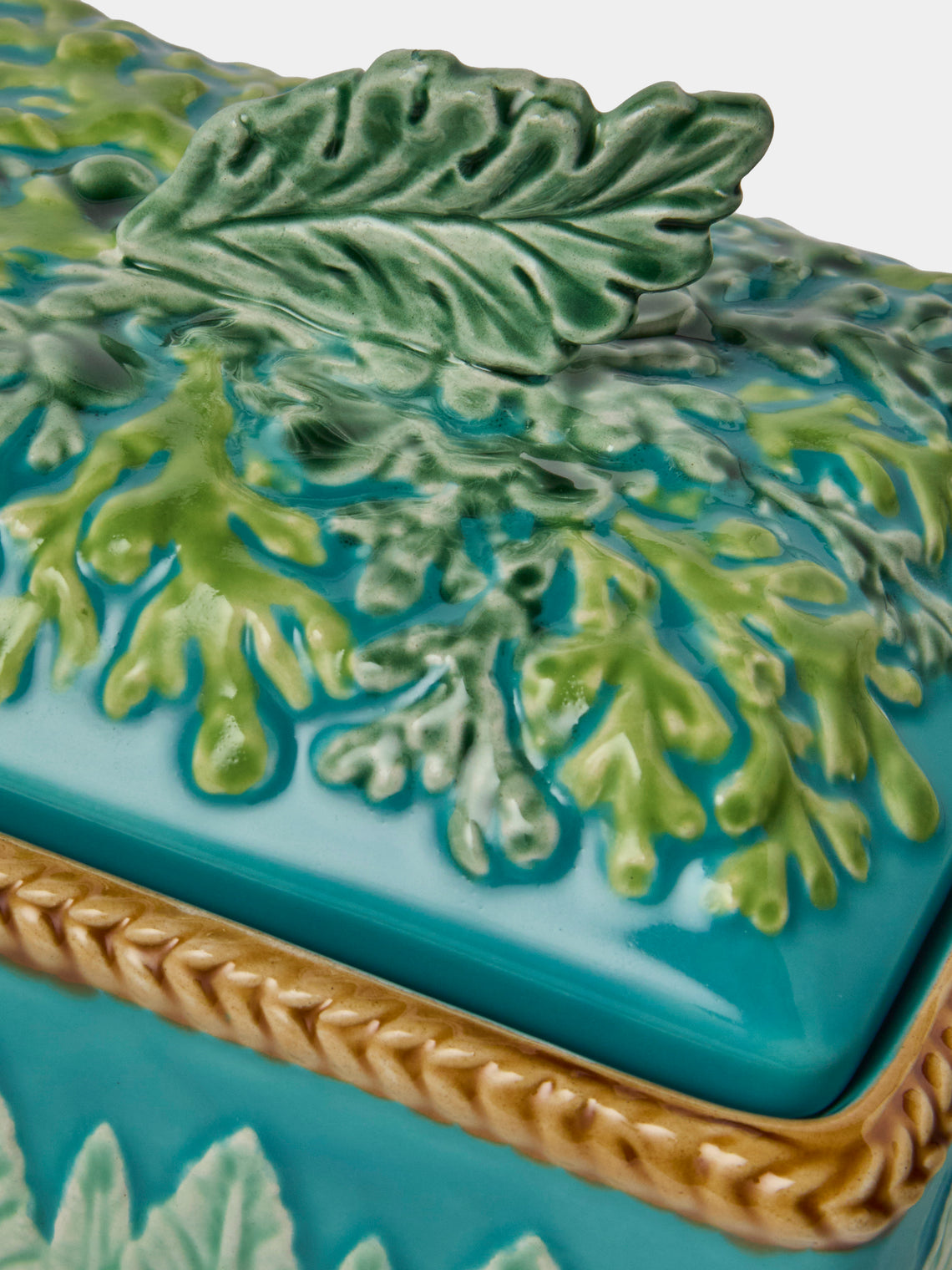 Verdolini - Leaves Hand-Painted Majolica Ceramic Box - Blue - ABASK