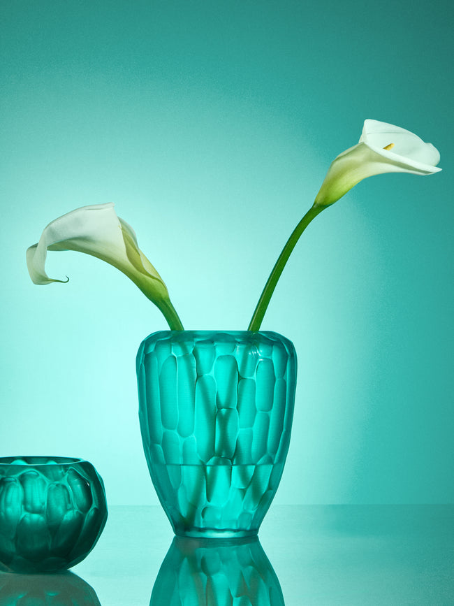 Micheluzzi Glass - Goccia Acqua Bamboo Hand-Blown Murano Glass Vase (9in/23cm) - Blue - ABASK