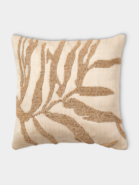 Kubo Curated - Leaves Beaded T'nalak Cloth Cushion (17.5in/45cm) - Beige - ABASK - 