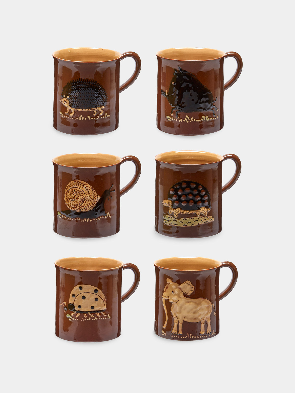 Animals Hand-Painted Slipware Mugs (Set of 6)