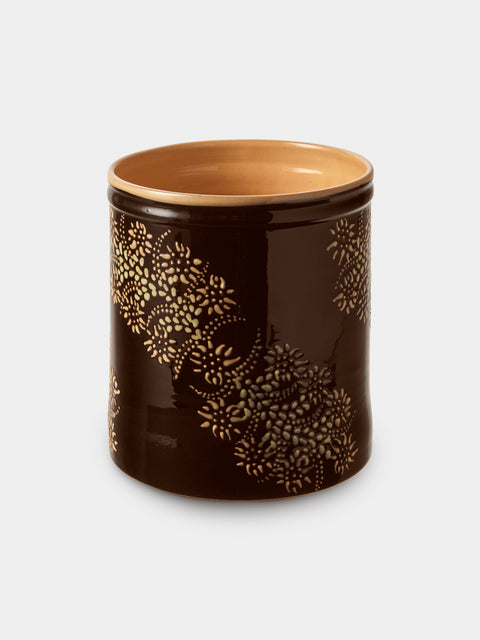 Poterie d’Évires - Flowers Hand-Painted Ceramic Utensil Pot - Dark Brown - ABASK - 