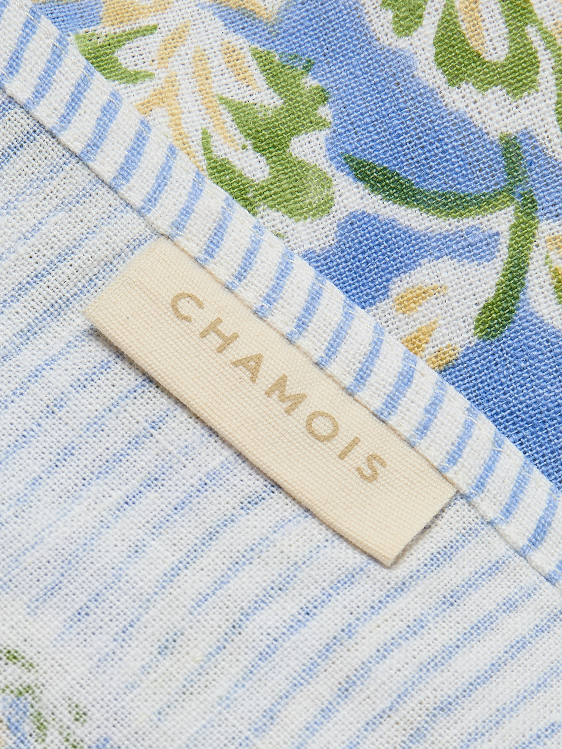 Chamois - Dahlia Block-Printed Linen Rectangular Tablecloth (138in/3.5m) - Blue - ABASK