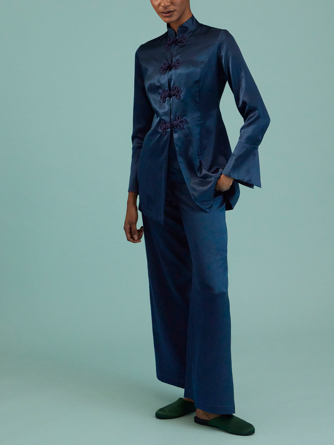 Loretta Caponi - Azalea Silk Pajama Set - Navy - ABASK