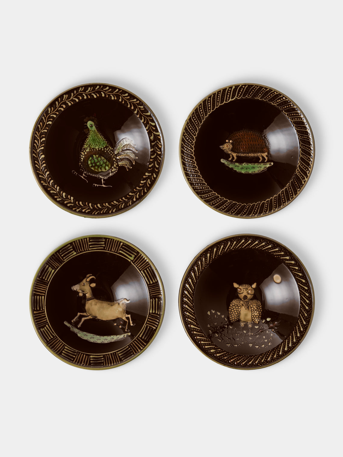 Poterie d’Évires - Animals Hand-Painted Ceramic Breakfast Bowls (Set of 4) - Dark Brown - ABASK - 