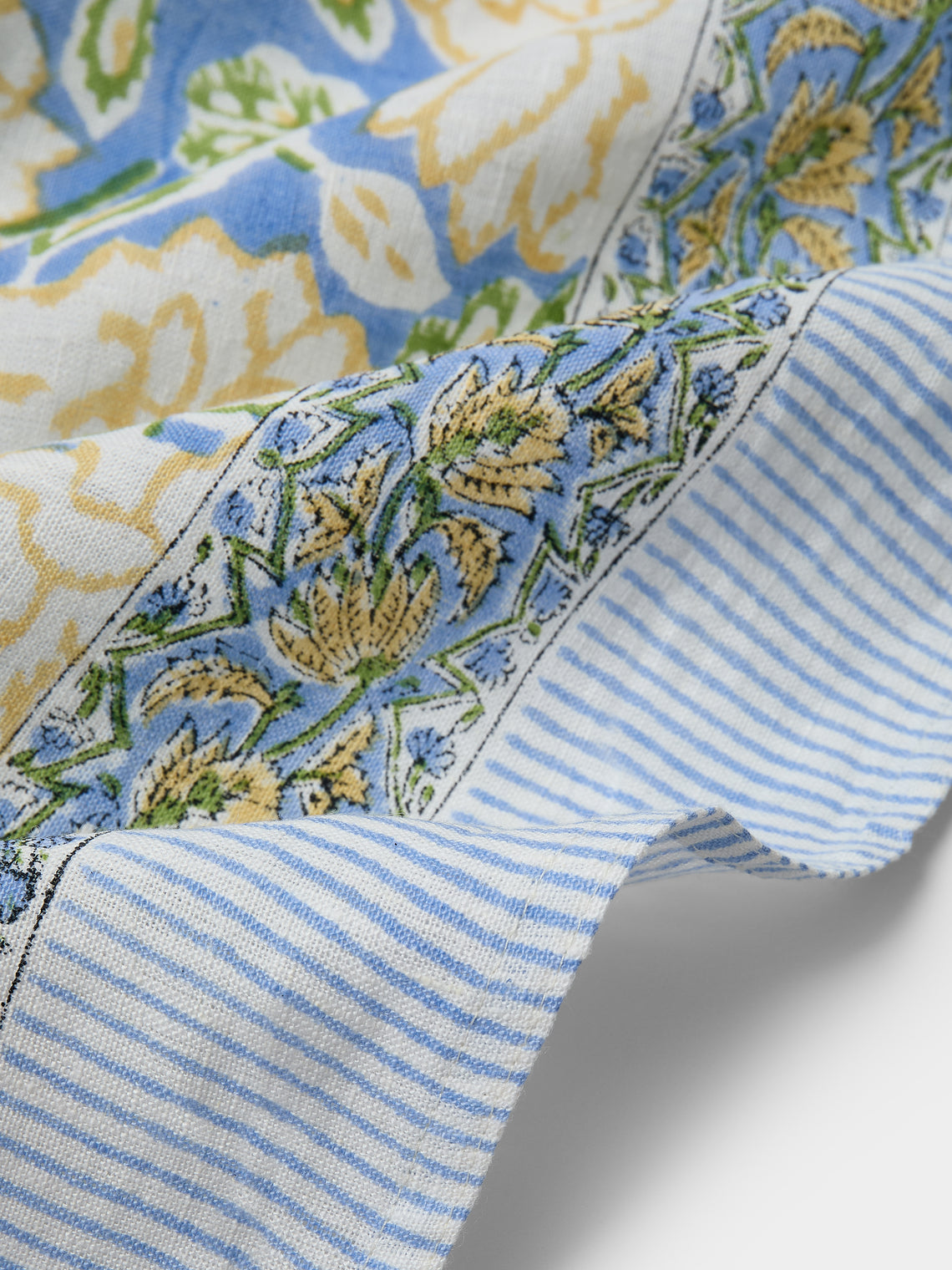 Chamois - Dahlia Block-Printed Linen Rectangular Tablecloth (138in/3.5m) - Blue - ABASK