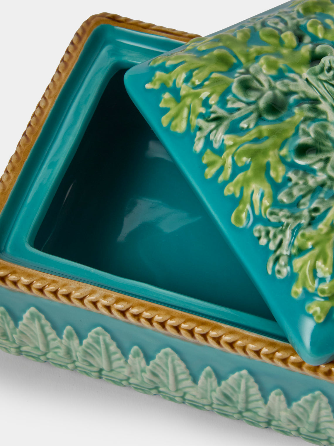 Verdolini - Leaves Hand-Painted Majolica Ceramic Box - Blue - ABASK