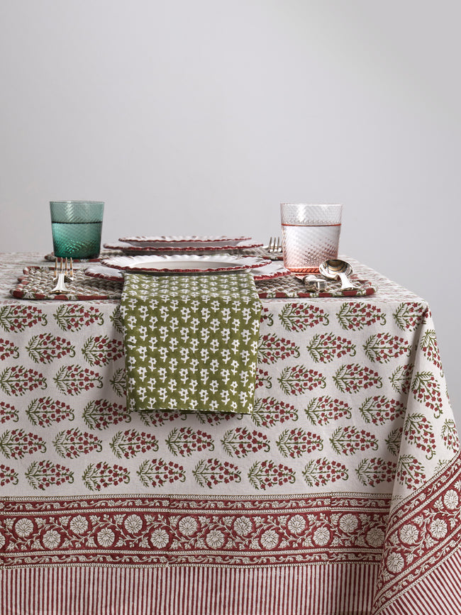 Chamois - Persian Paisley Block-Printed Cotton Rectangular Tablecloth (106in/2.7m) - Red - ABASK