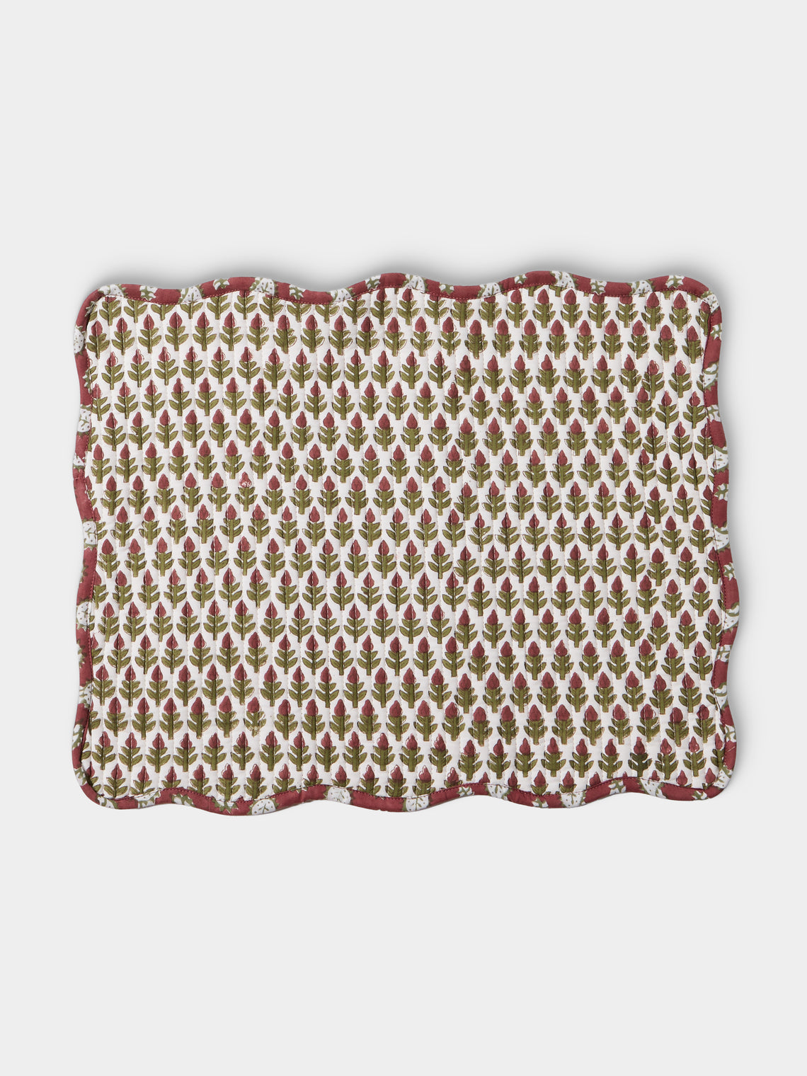 Chamois - Diamond & Fan Block-Printed Cotton Placemats (Set of 4) - Red - ABASK - 