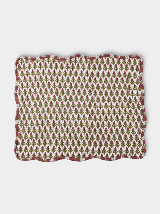 Chamois - Diamond & Fan Block-Printed Cotton Placemats (Set of 4) - Red - ABASK - 