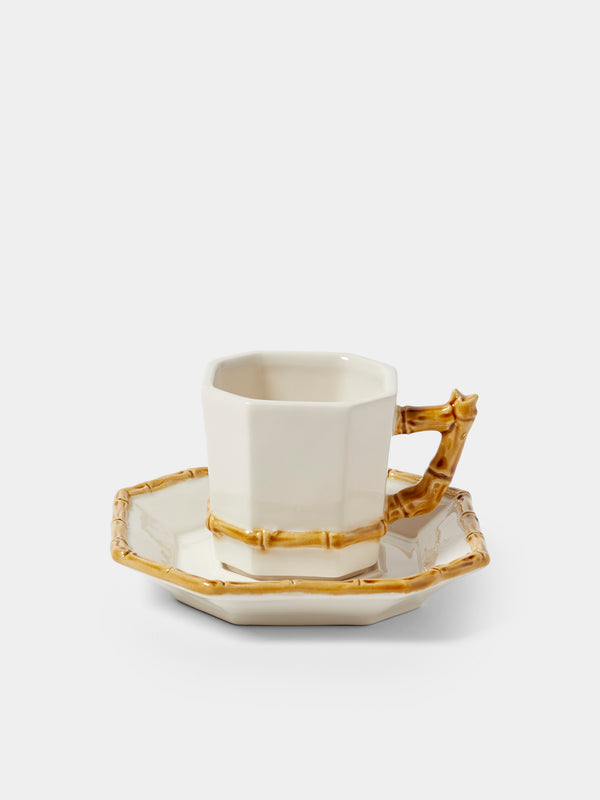 Verdolini - Bamboo Hand-Painted Ceramic Coffee Cup and Saucer - White - ABASK - 