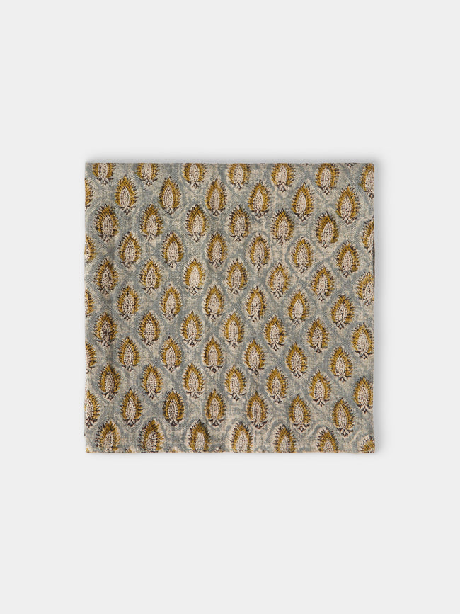 Chamois - Cypress Block-Printed Linen Napkins (Set of 4) - Blue - ABASK - 