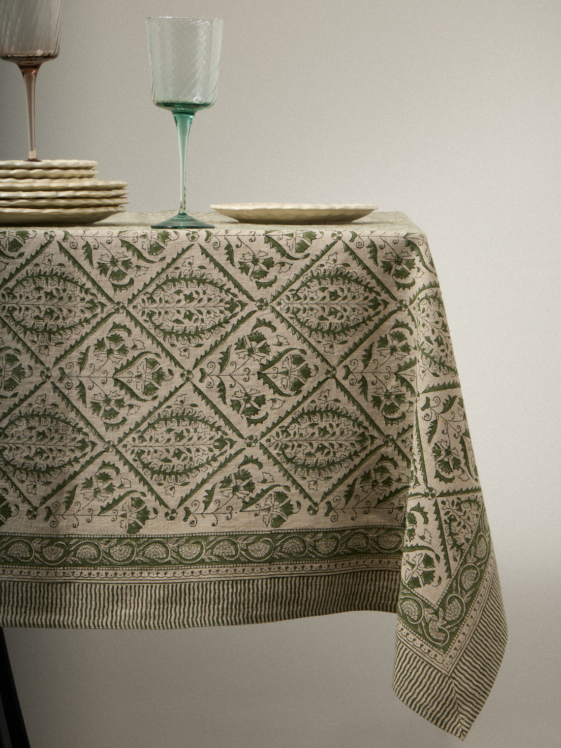 Chamois - Jaipur Block-Printed Linen Rectangular Tablecloth (138in/3.5m) - Green - ABASK
