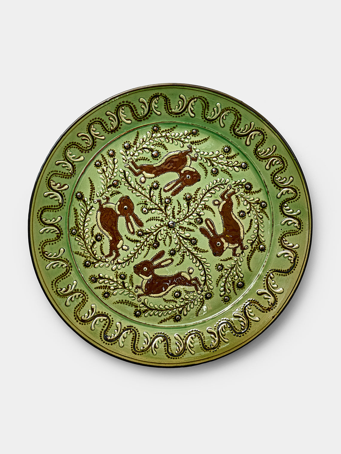 Poterie d’Évires - Rabbits Hand-Painted Ceramic Round Platter - Green - ABASK - 