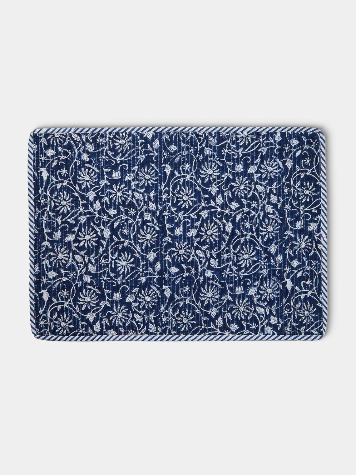 Chamois - Margerita Block-Printed Cotton Quilted Placemats (Set of 4) - Blue - ABASK - 