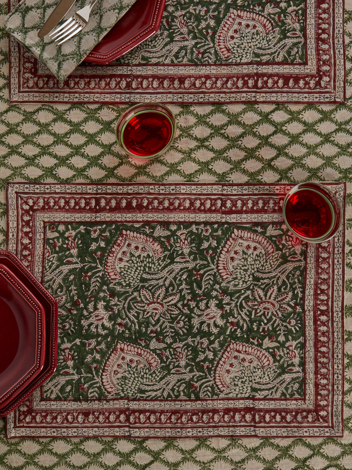 Chamois - Cypress Block-Printed Linen Placemats (Set of 4) - Green - ABASK