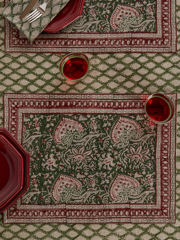 Chamois - Cypress Block-Printed Linen Placemats (Set of 4) - Green - ABASK