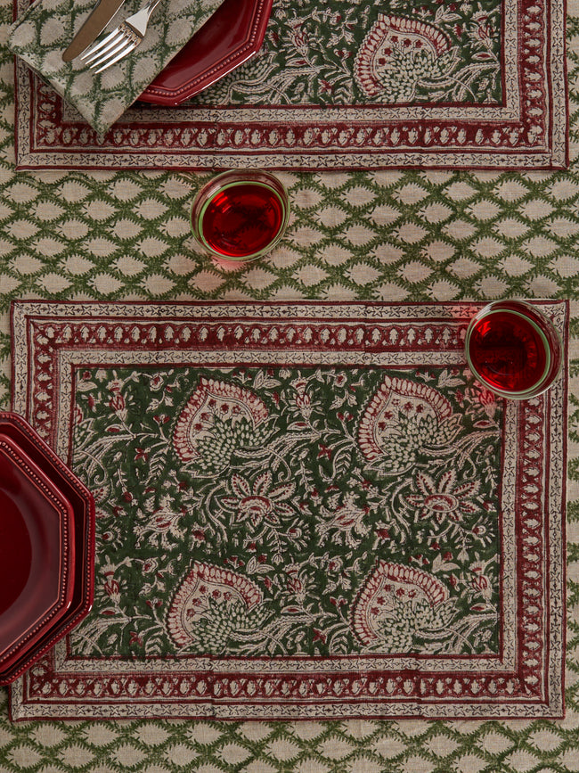Chamois - Cypress Block-Printed Linen Placemats (Set of 4) - Green - ABASK