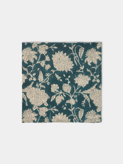 Chamois - | Set of 4 | Indian Rose Block-Printed Linen Napkins - Blue - ABASK - 