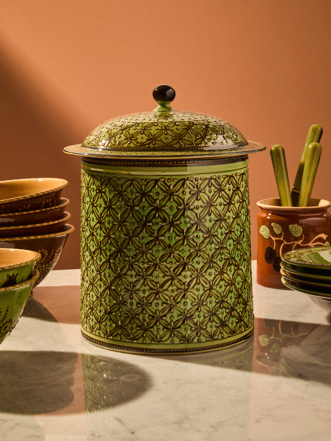 Poterie d’Évires - Geometric Hand-Painted Ceramic Lidded Pot - Green - ABASK