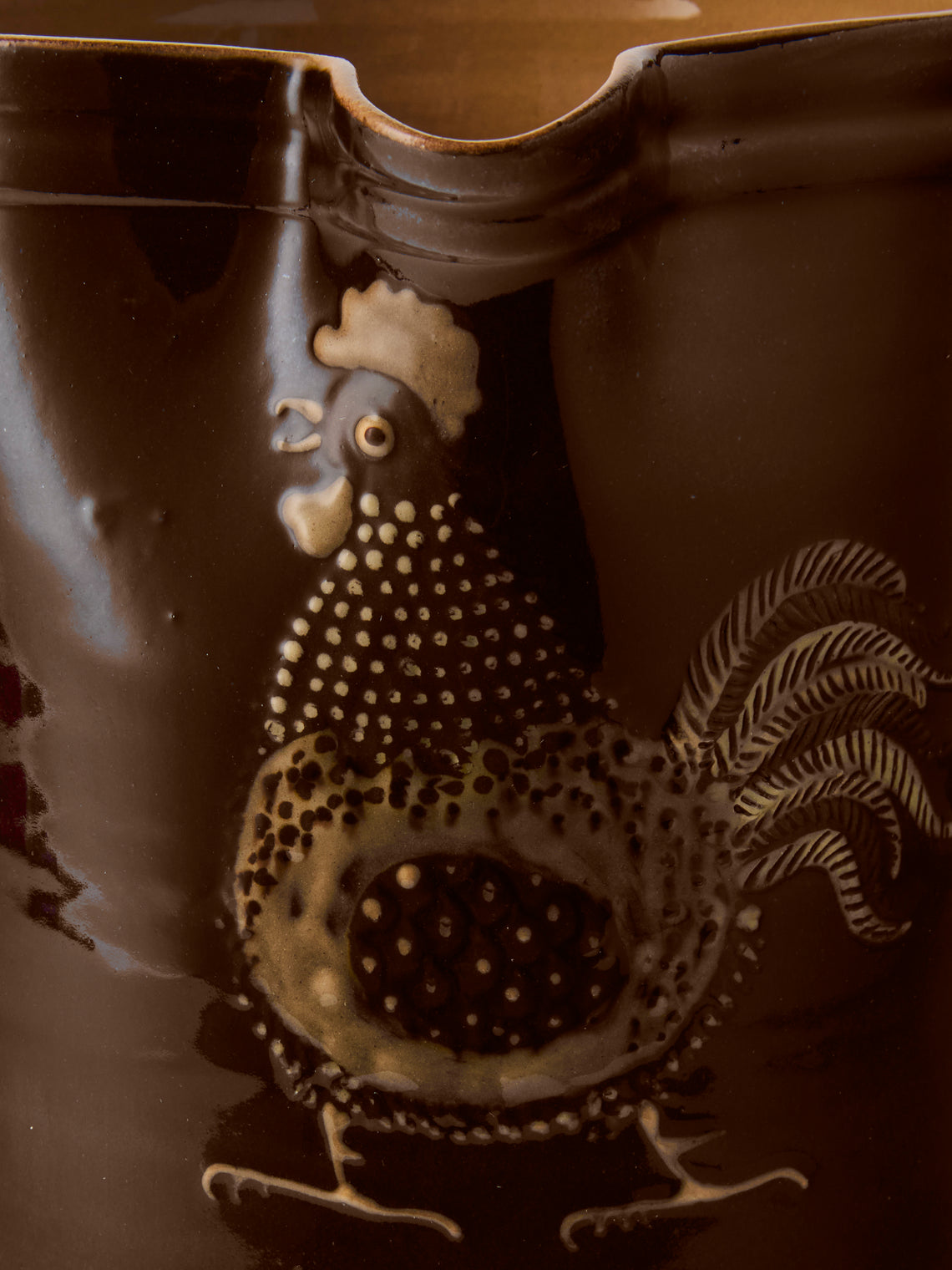 Poterie d’Évires - Chickens Hand-Painted Ceramic Straight-Edge Medium Jug - Dark Brown - ABASK