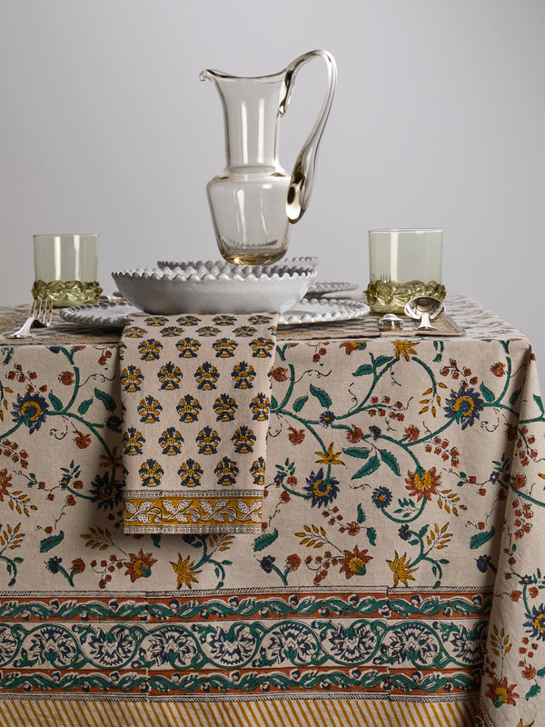 Chamois - Samode Block-Printed Cotton Rectangular Tablecloth (106in/2.7m) - Yellow - ABASK