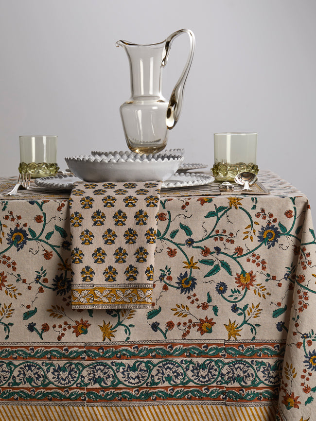 Chamois - Samode Block-Printed Cotton Rectangular Tablecloth (106in/2.7m) - Yellow - ABASK