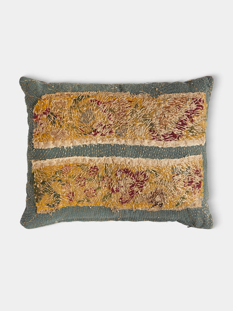 By Walid - 18th-Century Needlepoint Wool and Linen Cushion (17.5in/45cm) - Blue - ABASK - 