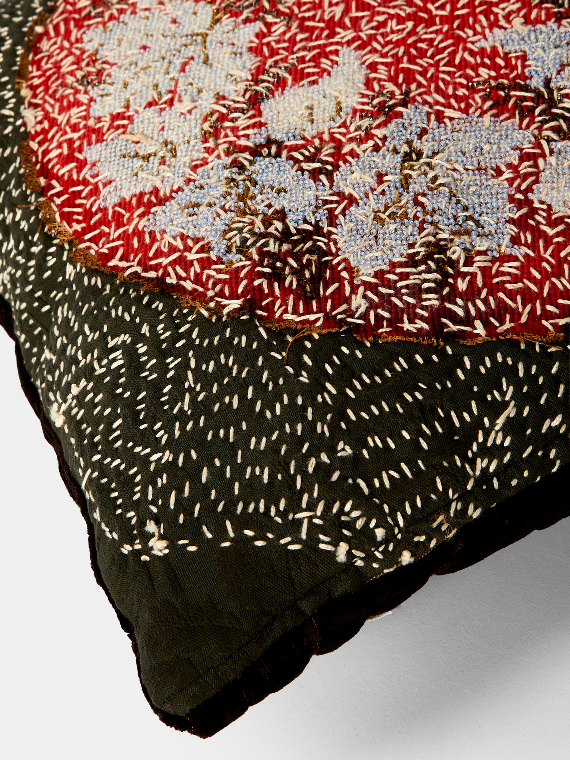 By Walid - 19th-Century Victorian Beaded and Needlepoint Wool and Silk Damask Cushion (15.5in/40cm) - Multiple - ABASK