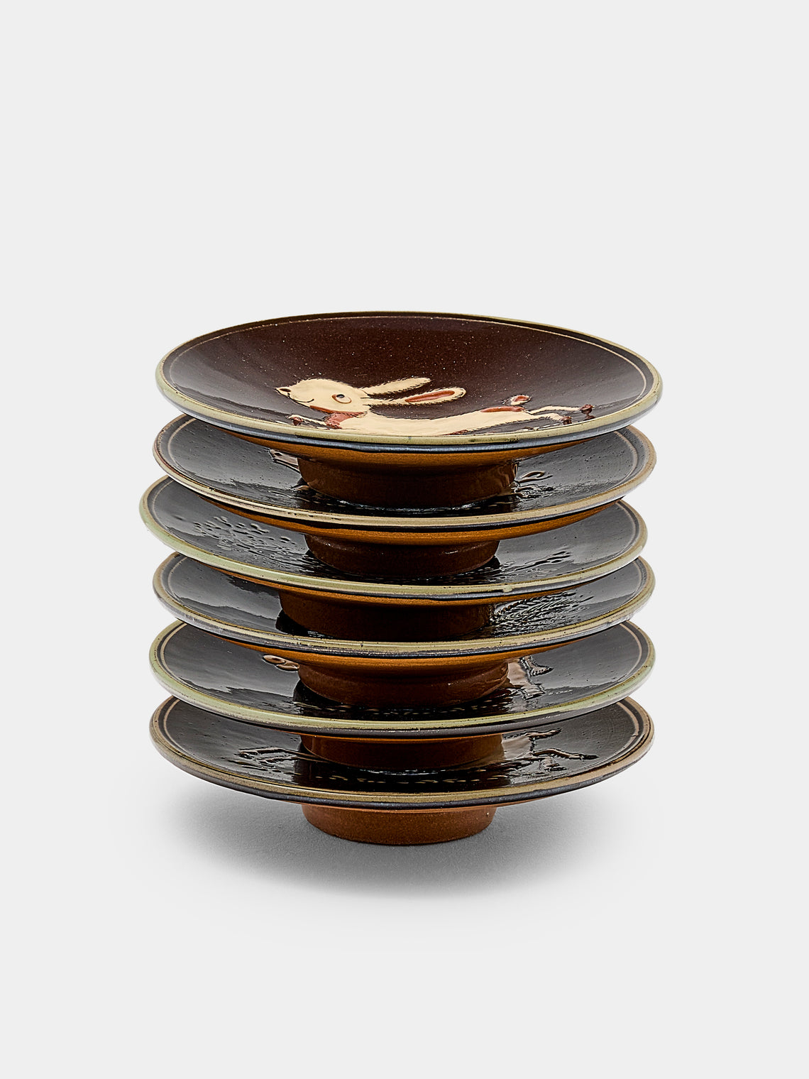 Poterie d’Évires - Animals Hand-Painted Ceramic Small Raised Plates (Set of 6) - Dark brown - ABASK - 