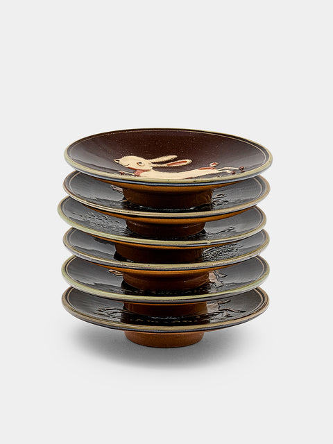 Poterie d’Évires - Animals Hand-Painted Ceramic Small Raised Plates (Set of 6) - Dark brown - ABASK - 