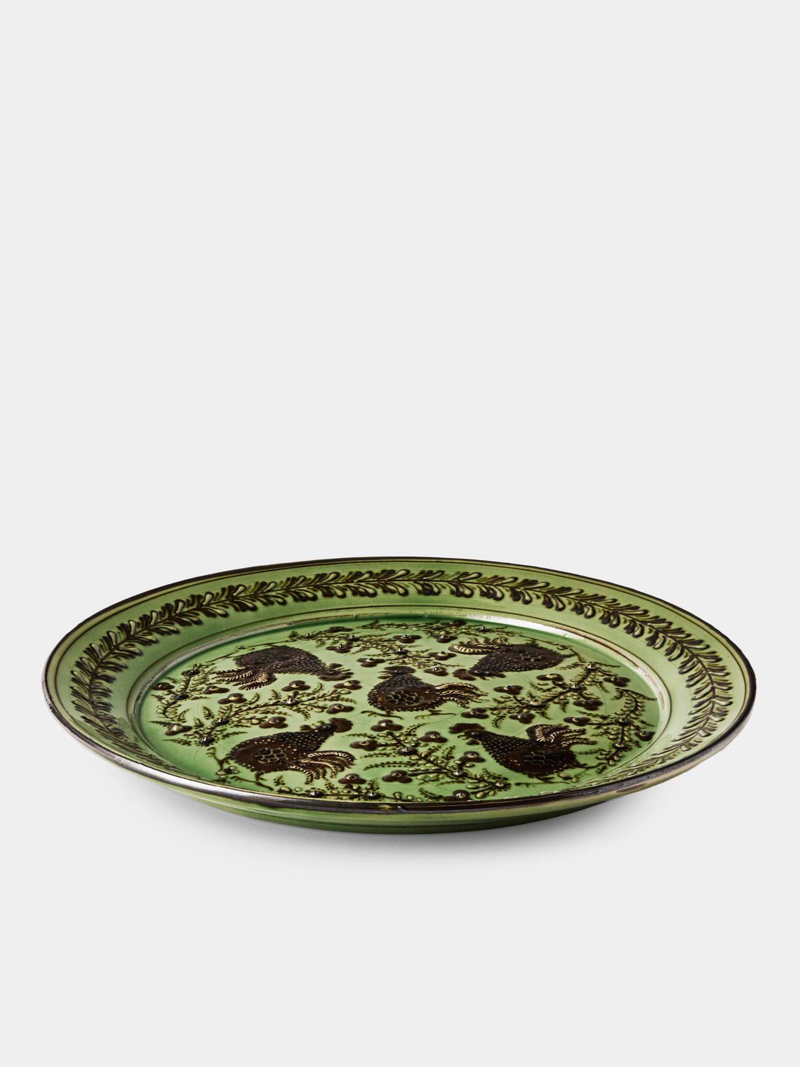 Poterie d’Évires - Chickens Hand-Painted Ceramic Round Platter - Green - ABASK