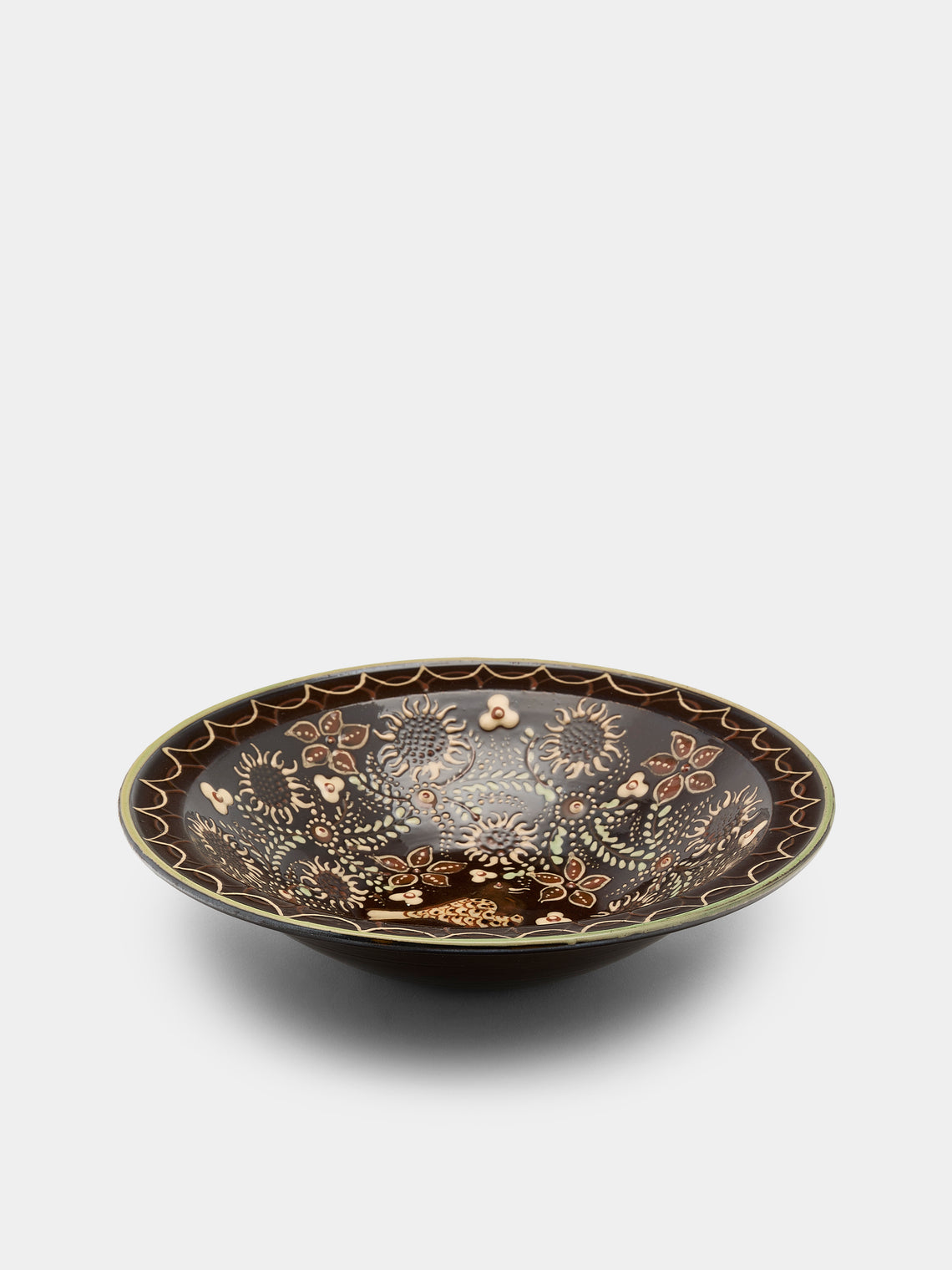 Poterie d’Évires - Birds Hand-Painted Ceramic Serving Bowl - Dark brown - ABASK